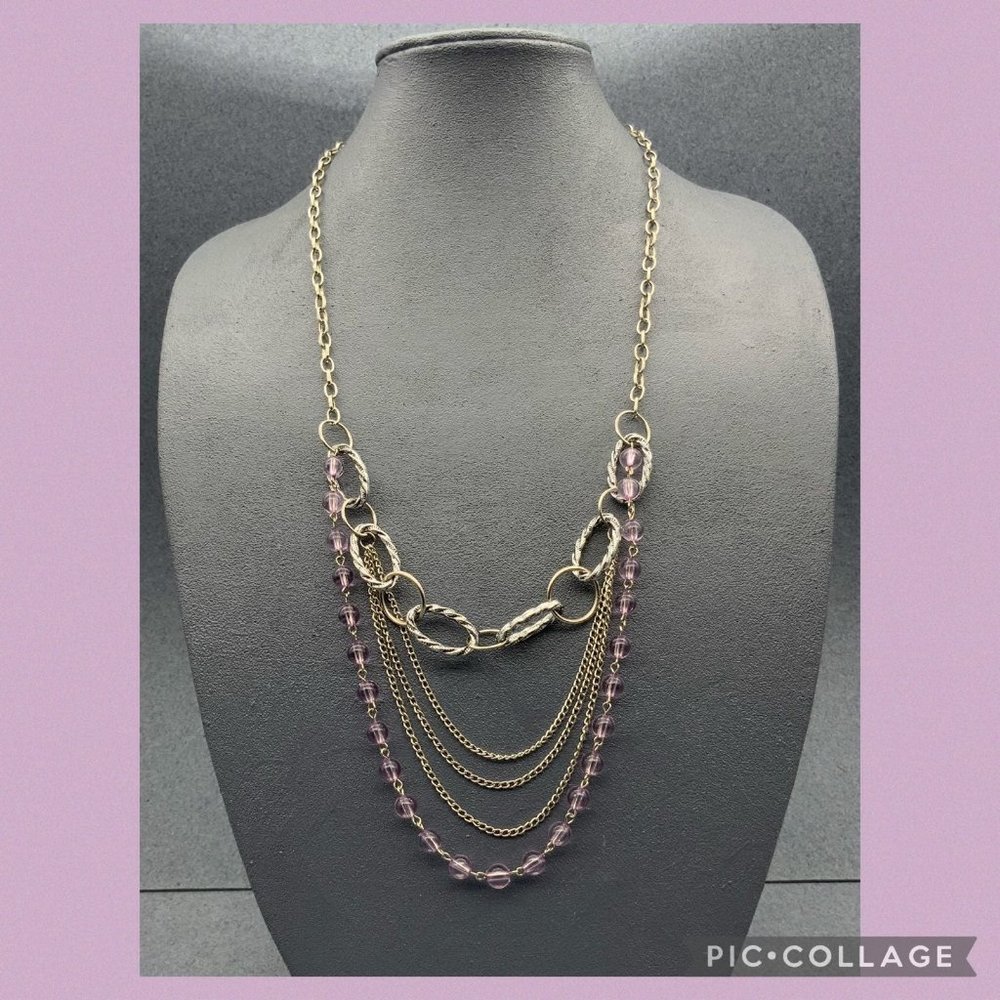 Purple Silver Multi Necklace Chunky Chain Round Translucent